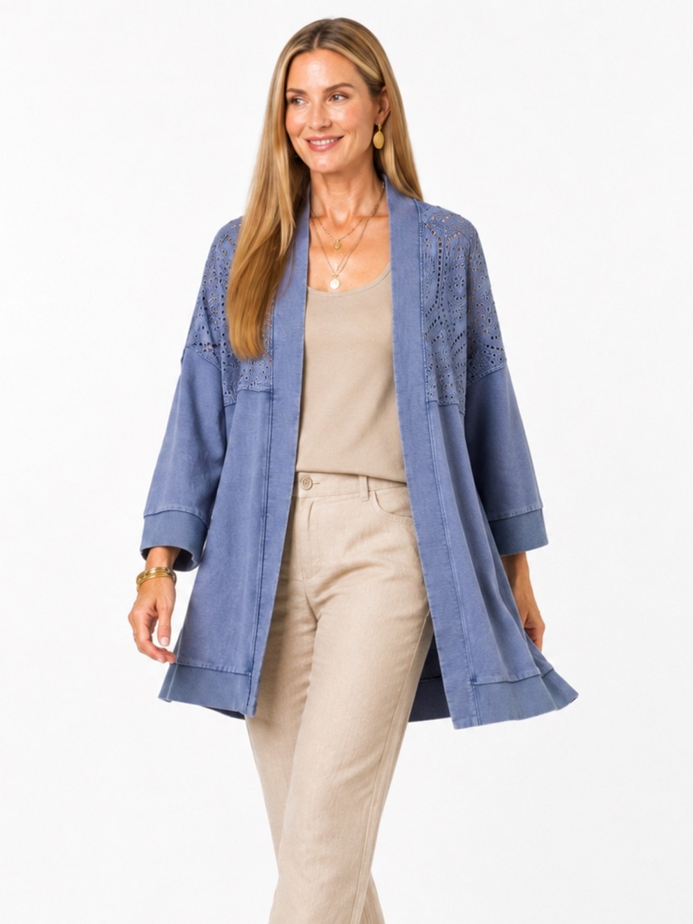 Soft Surroundings Nightingale Topper 2X Turkish Tile Blue Eyelet Cardigan Kimono